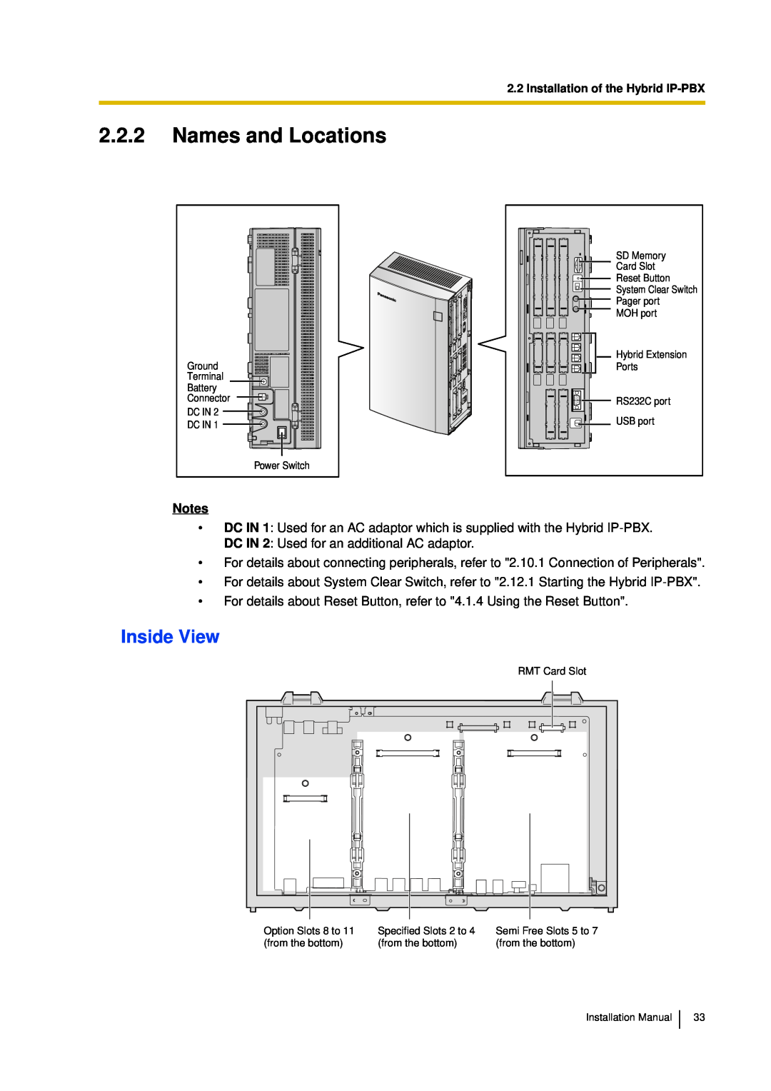 Panasonic KX-TDA30 installation manual 2.2.2Names and Locations, Inside View, Notes 