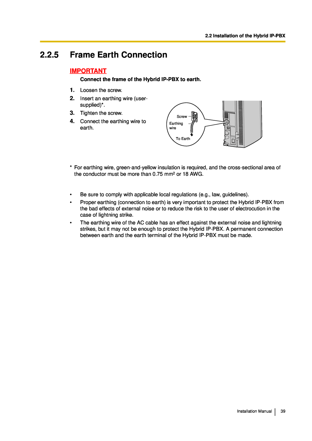 Panasonic KX-TDA30 installation manual 2.2.5Frame Earth Connection, Connect the frame of the Hybrid IP-PBXto earth 