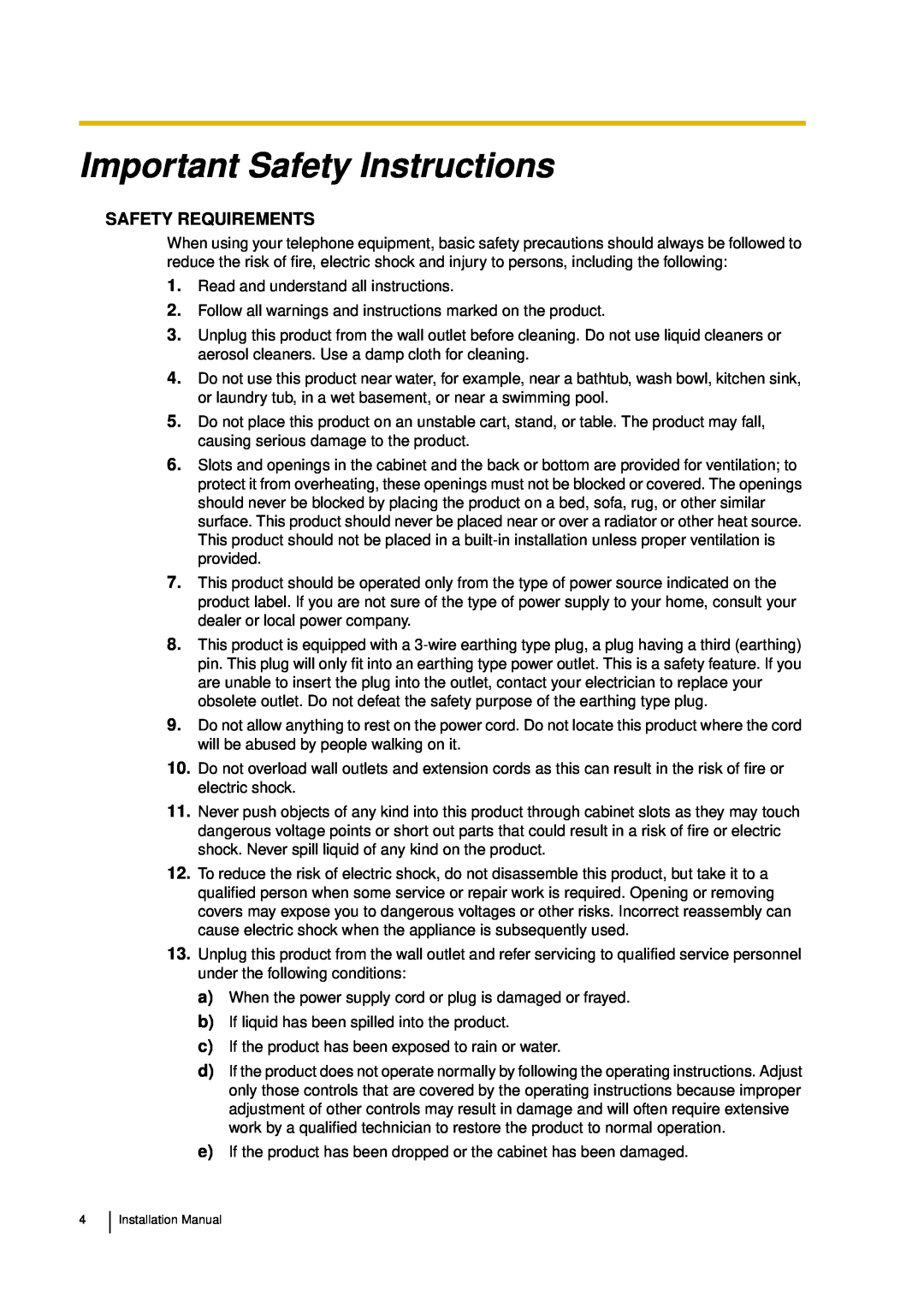 Panasonic KX-TDA30 installation manual Important Safety Instructions, Safety Requirements 
