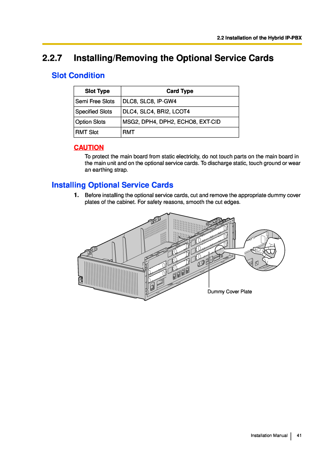 Panasonic KX-TDA30 installation manual Slot Condition, Installing Optional Service Cards, Slot Type, Card Type 