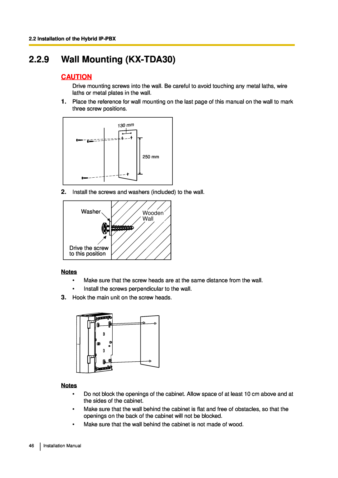 Panasonic installation manual 2.2.9Wall Mounting KX-TDA30, Notes 