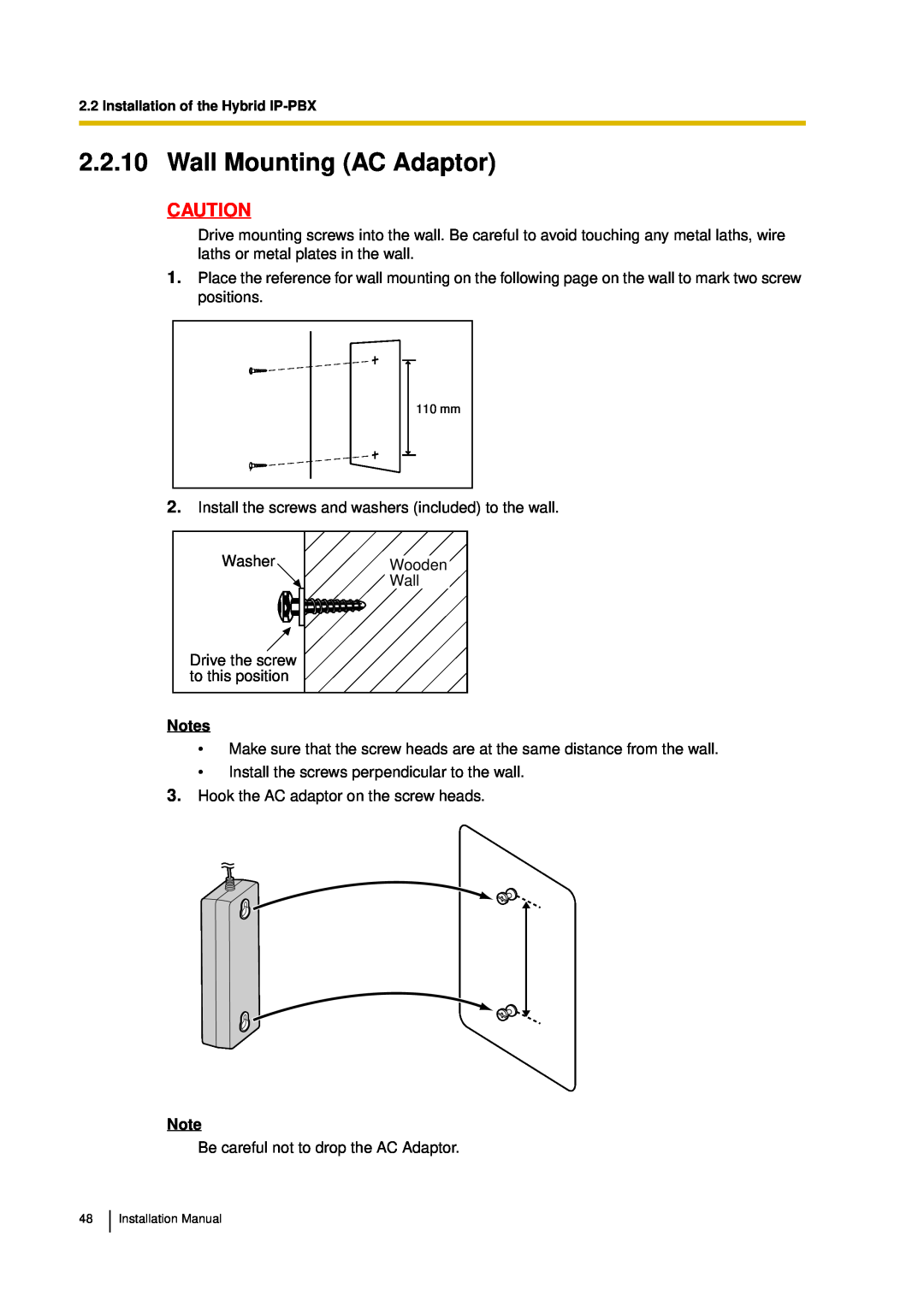 Panasonic KX-TDA30 installation manual Wall Mounting AC Adaptor 