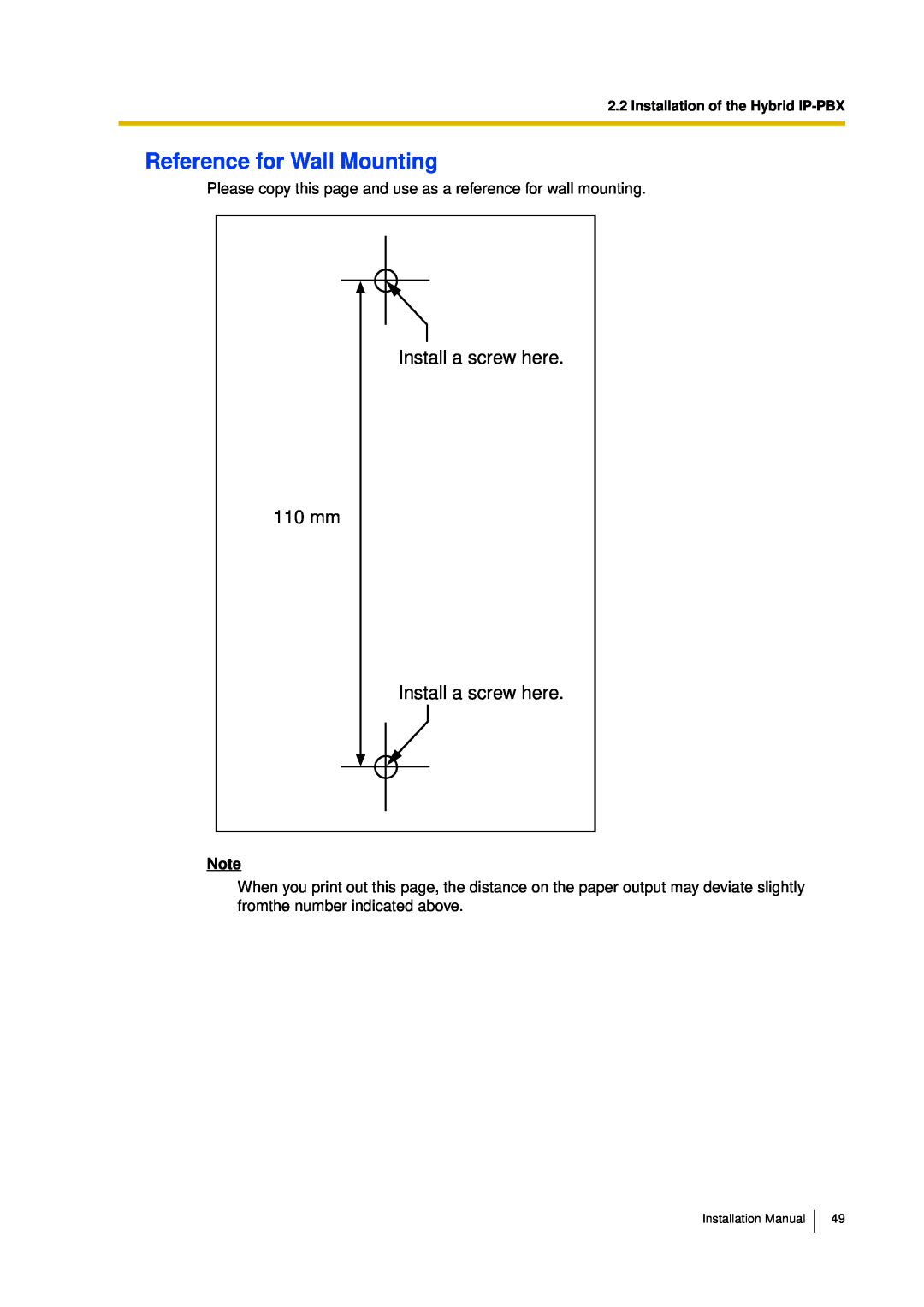 Panasonic KX-TDA30 installation manual Reference for Wall Mounting, Install a screw here 110 mm Install a screw here 