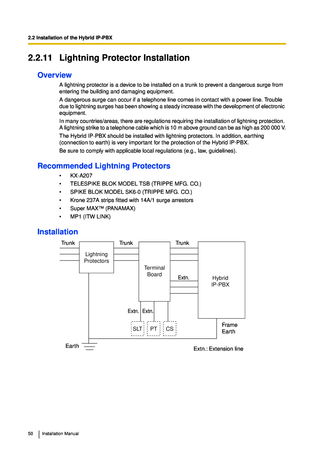 Panasonic KX-TDA30 installation manual Lightning Protector Installation, Overview, Recommended Lightning Protectors 