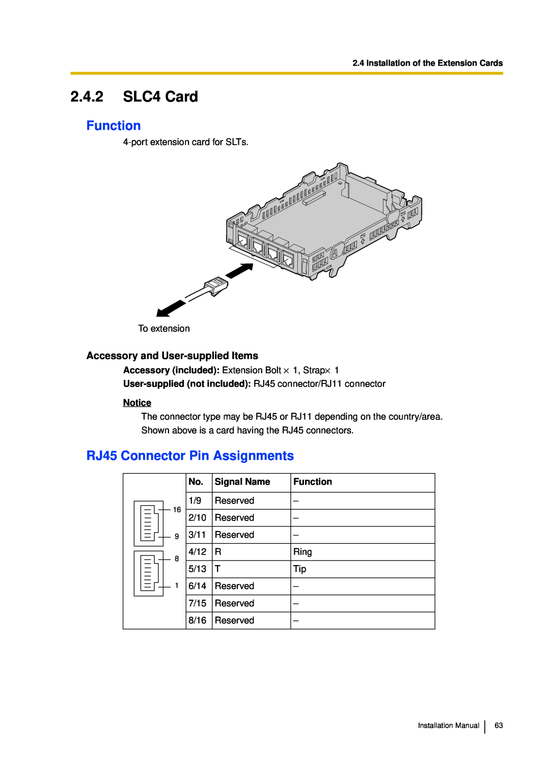 Panasonic KX-TDA30 installation manual 2.4.2SLC4 Card, Function, RJ45 Connector Pin Assignments, Notice, Signal Name 