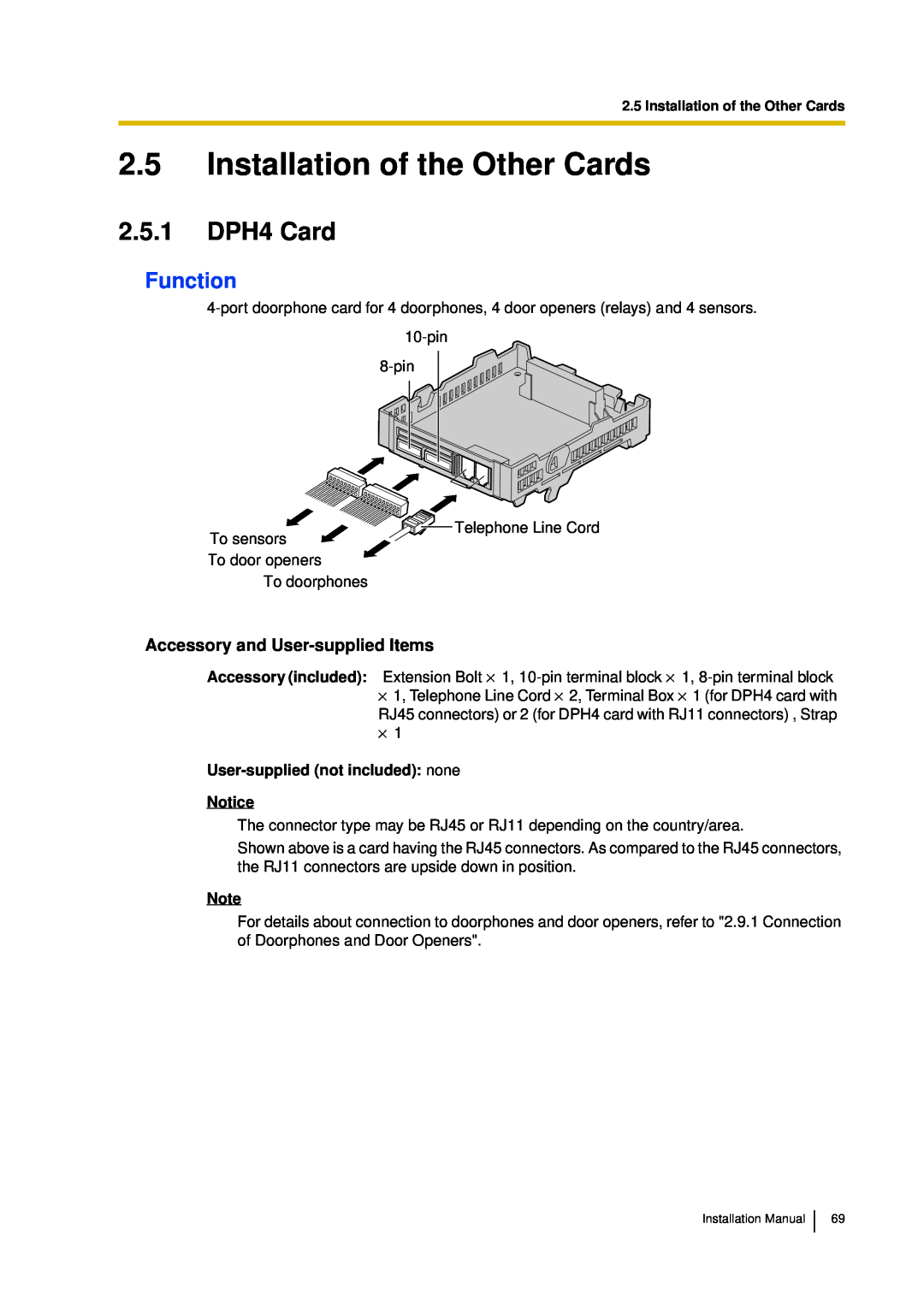 Panasonic KX-TDA30 2.5Installation of the Other Cards, 2.5.1DPH4 Card, Function, User-suppliednot included: none Notice 