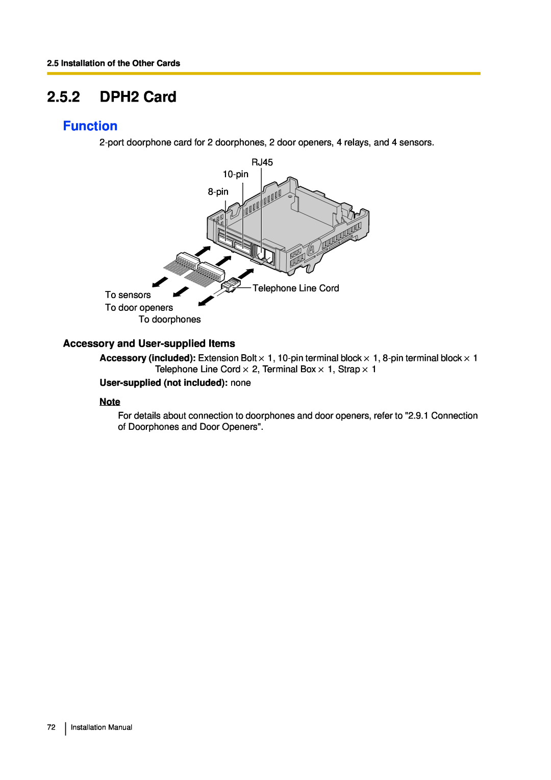 Panasonic KX-TDA30 installation manual 2.5.2DPH2 Card, Function, User-suppliednot included: none 