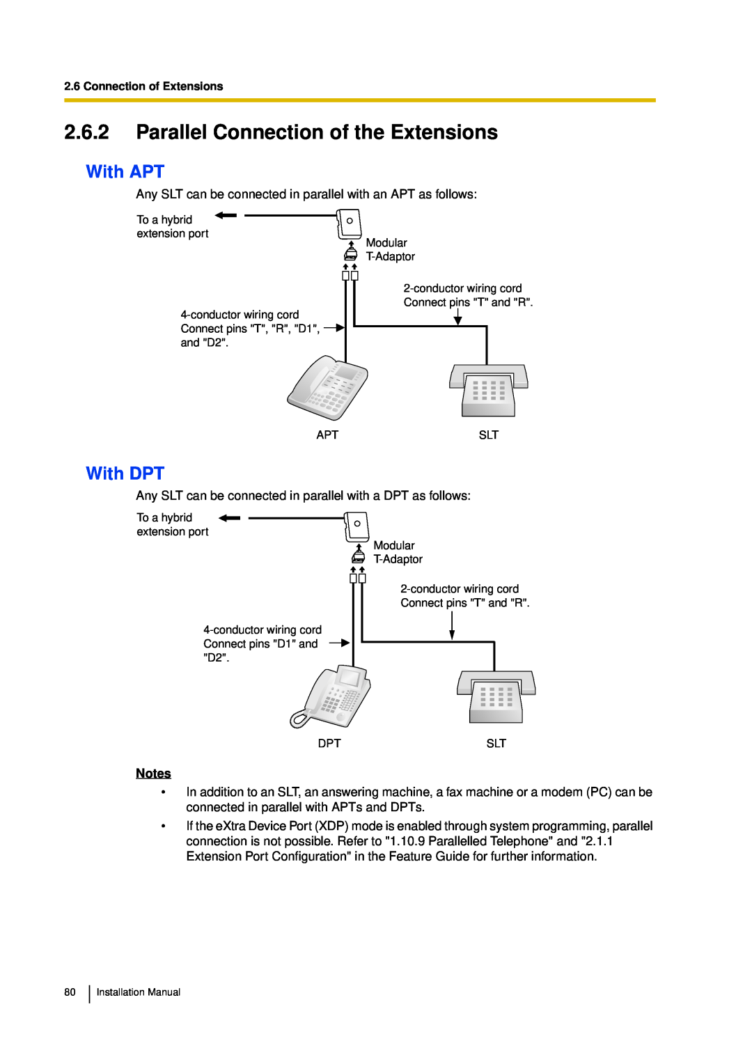 Panasonic KX-TDA30 installation manual 2.6.2Parallel Connection of the Extensions, With APT, With DPT, Notes 