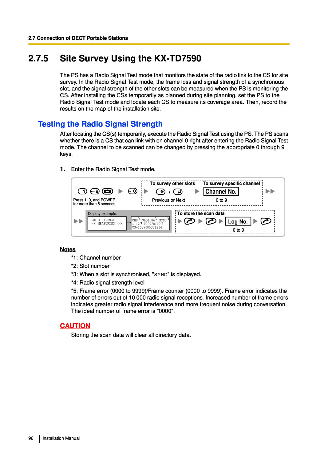 Panasonic KX-TDA30 installation manual 2.7.5Site Survey Using the KX-TD7590, Testing the Radio Signal Strength, Notes 