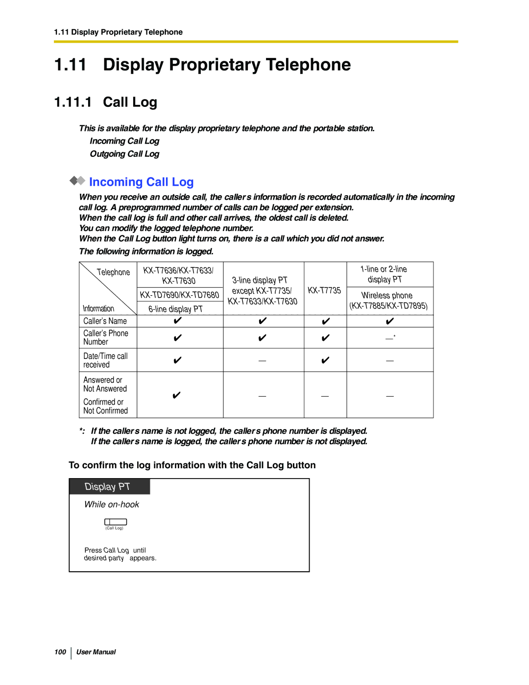 Panasonic KX-TDA50 user manual Display Proprietary Telephone, Incoming Call Log 