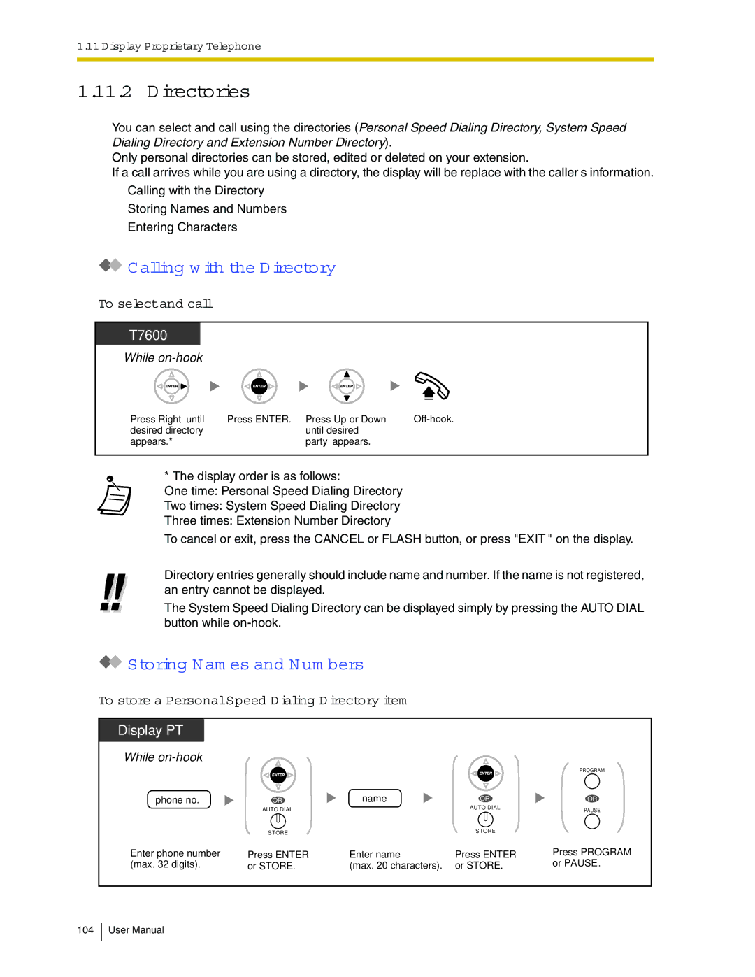 Panasonic KX-TDA50 user manual Directories, Calling with the Directory, Storing Names and Numbers, To select and call 