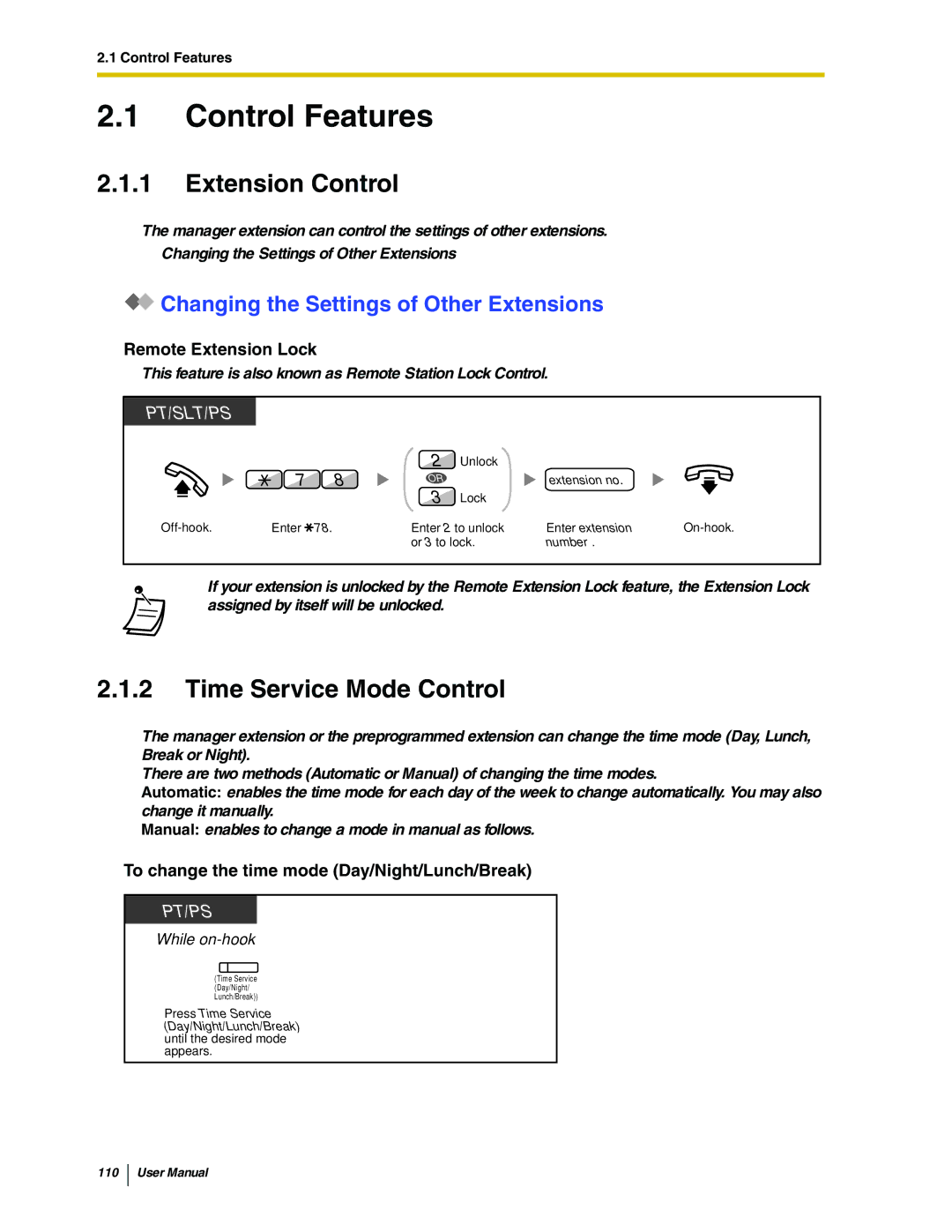 Panasonic KX-TDA50 user manual Control Features, Extension Control, Time Service Mode Control 