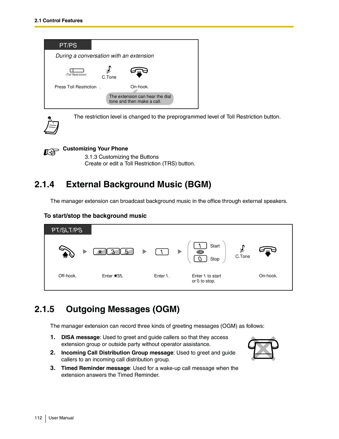 Panasonic KX-TDA50 user manual External Background Music BGM, Outgoing Messages OGM, To start/stop the background music 