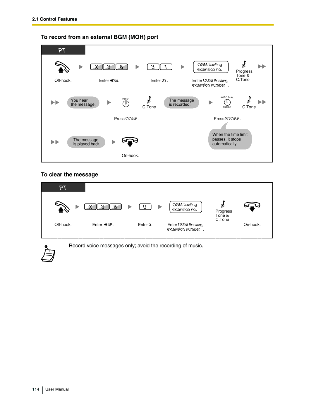 Panasonic KX-TDA50 user manual To record from an external BGM MOH port, To clear the message 