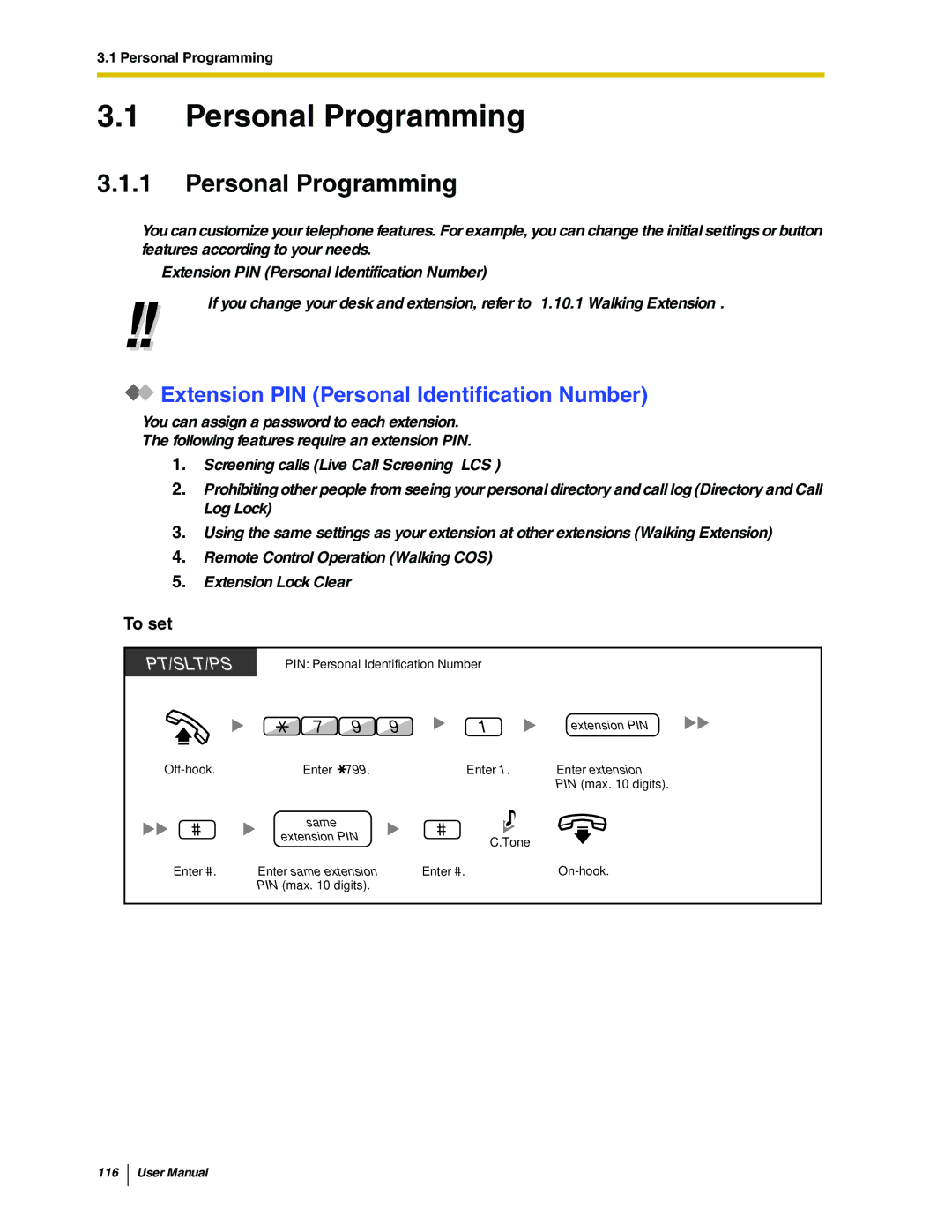 Panasonic KX-TDA50 user manual Personal Programming, Extension PIN Personal Identification Number 