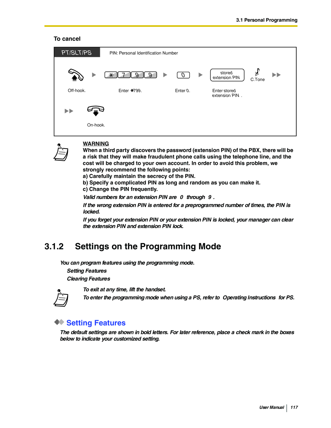 Panasonic KX-TDA50 user manual Settings on the Programming Mode, Setting Features 