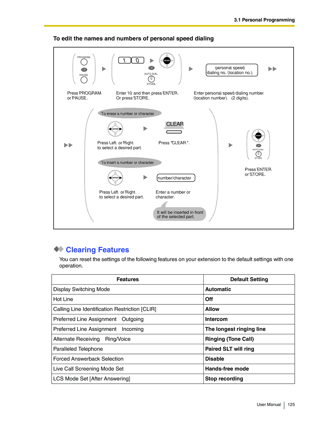 Panasonic KX-TDA50 user manual Clearing Features, To edit the names and numbers of personal speed dialing 