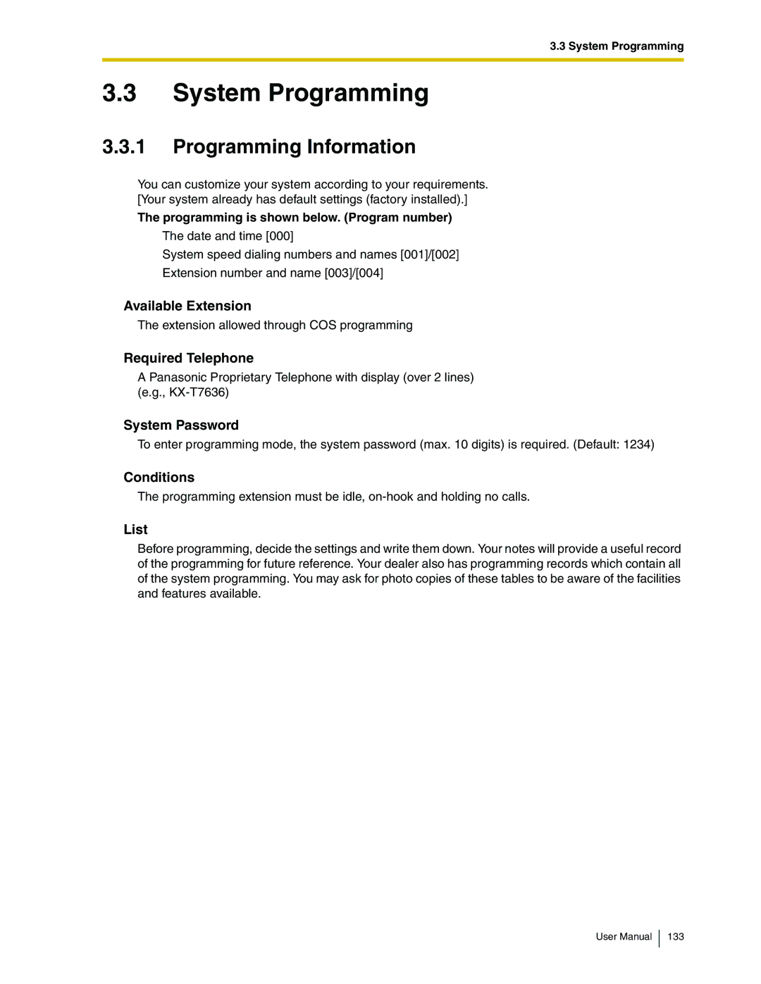 Panasonic KX-TDA50 user manual System Programming, System Password, List, Programming is shown below. Program number 