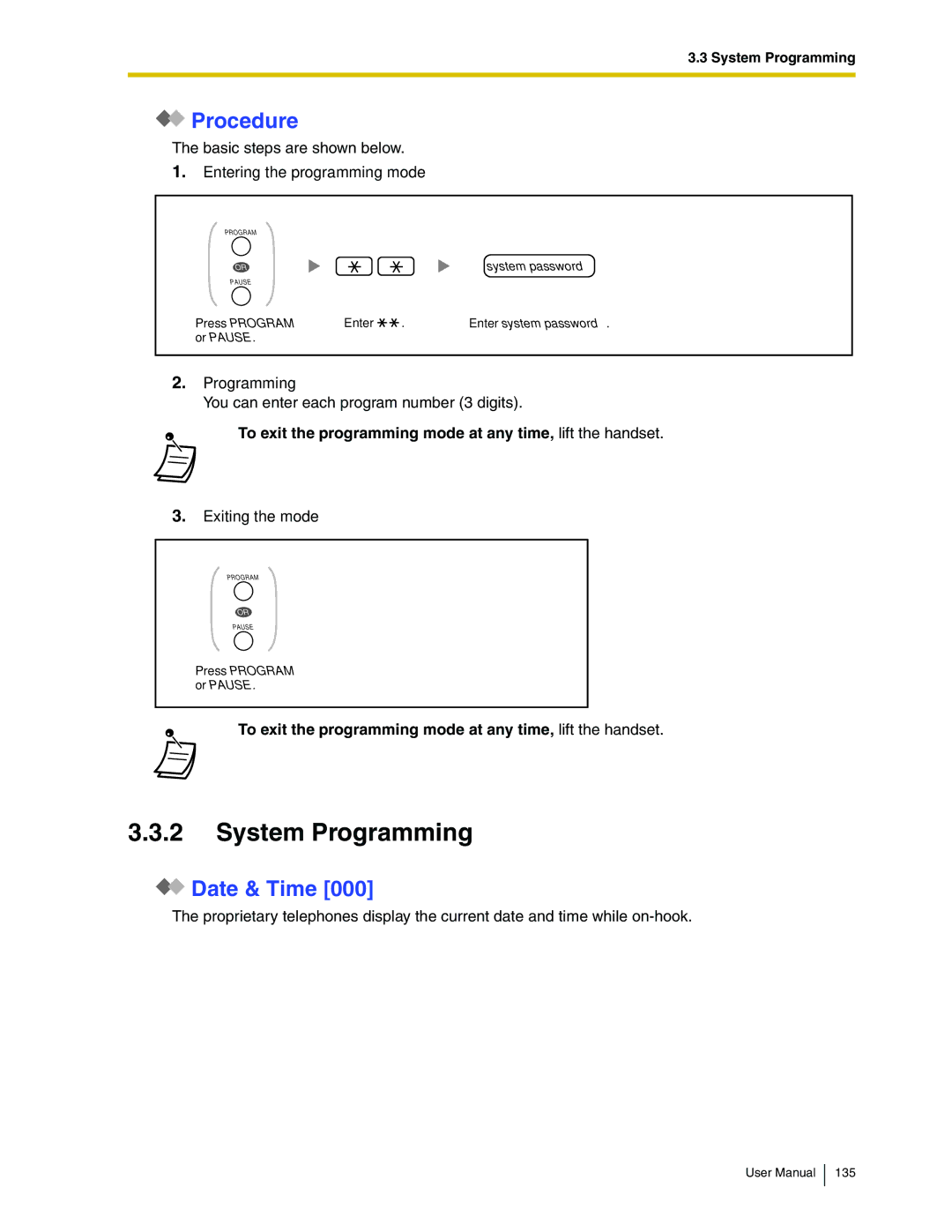 Panasonic KX-TDA50 System Programming, Procedure, Date & Time, To exit the programming mode at any time, lift the handset 