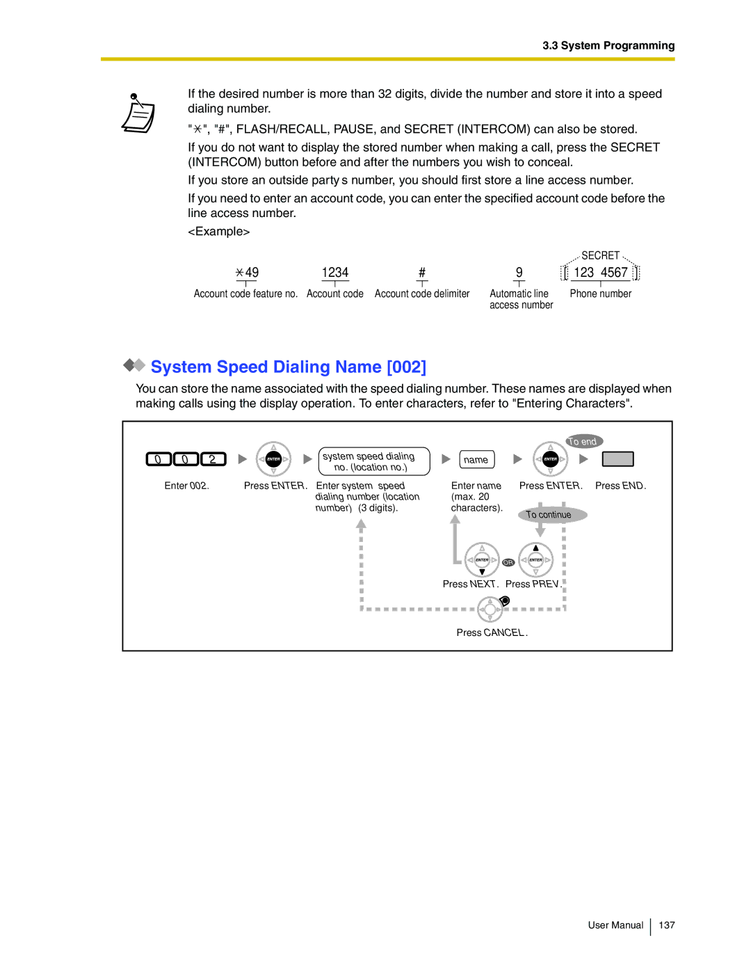 Panasonic KX-TDA50 user manual System Speed Dialing Name 