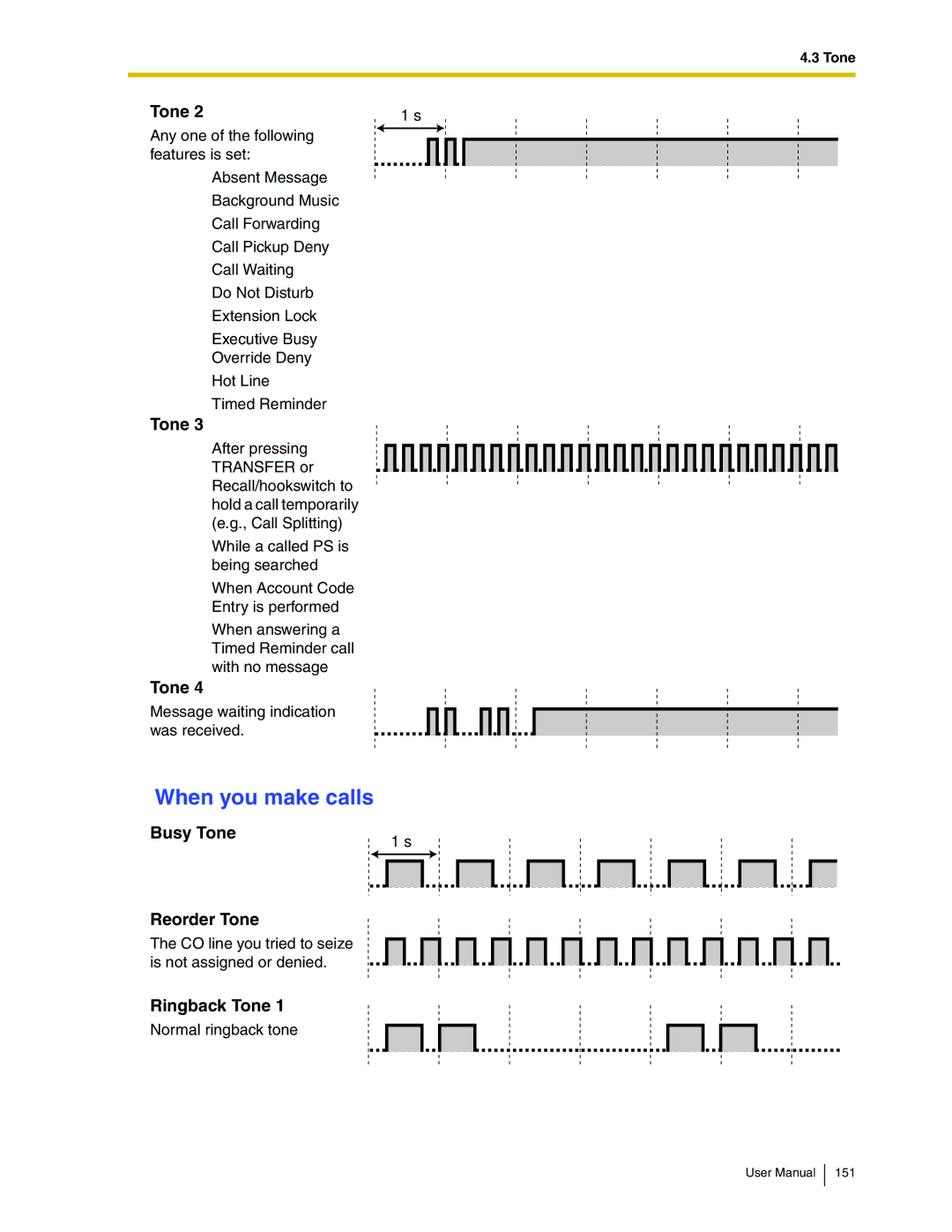 Panasonic KX-TDA50 user manual When you make calls, Busy Tone Reorder Tone, Ringback Tone 