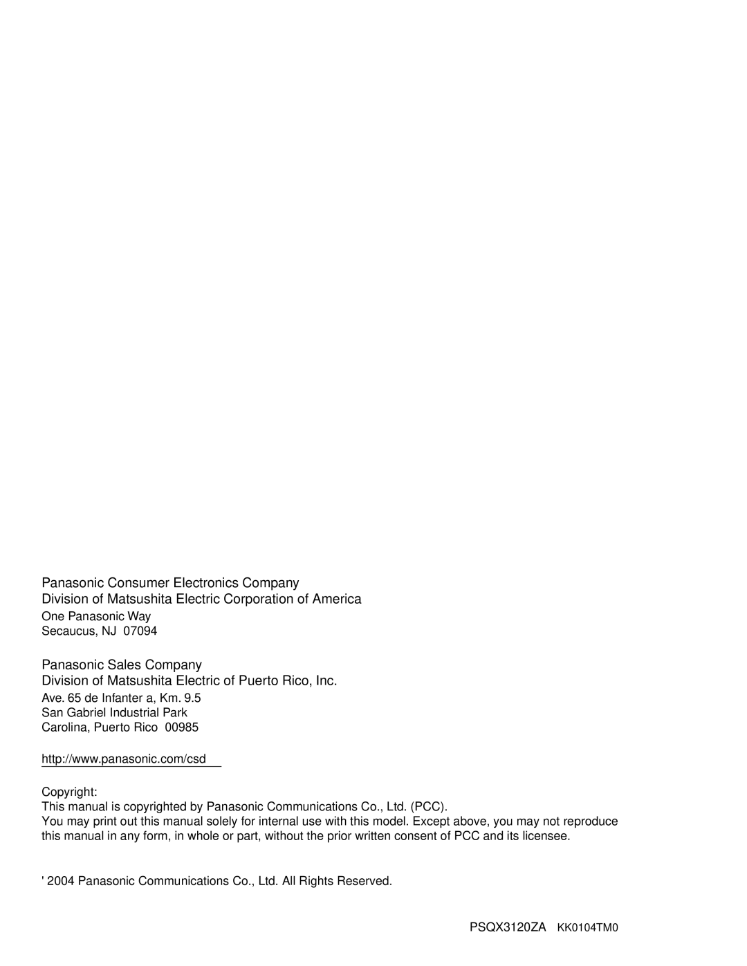 Panasonic KX-TDA50 user manual Copyright, PSQX3120ZA KK0104TM0 