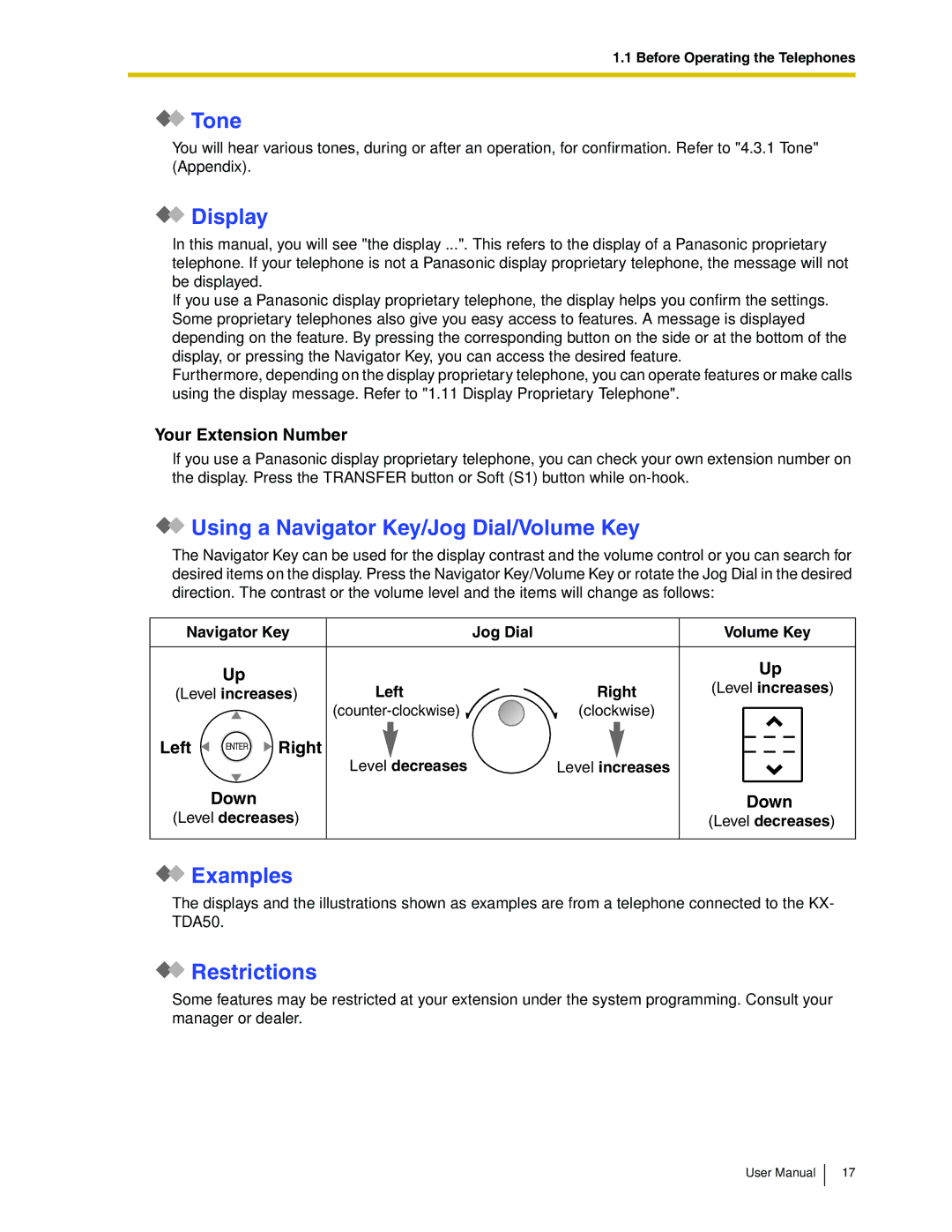 Panasonic KX-TDA50 user manual Tone, Display, Using a Navigator Key/Jog Dial/Volume Key, Examples, Restrictions 