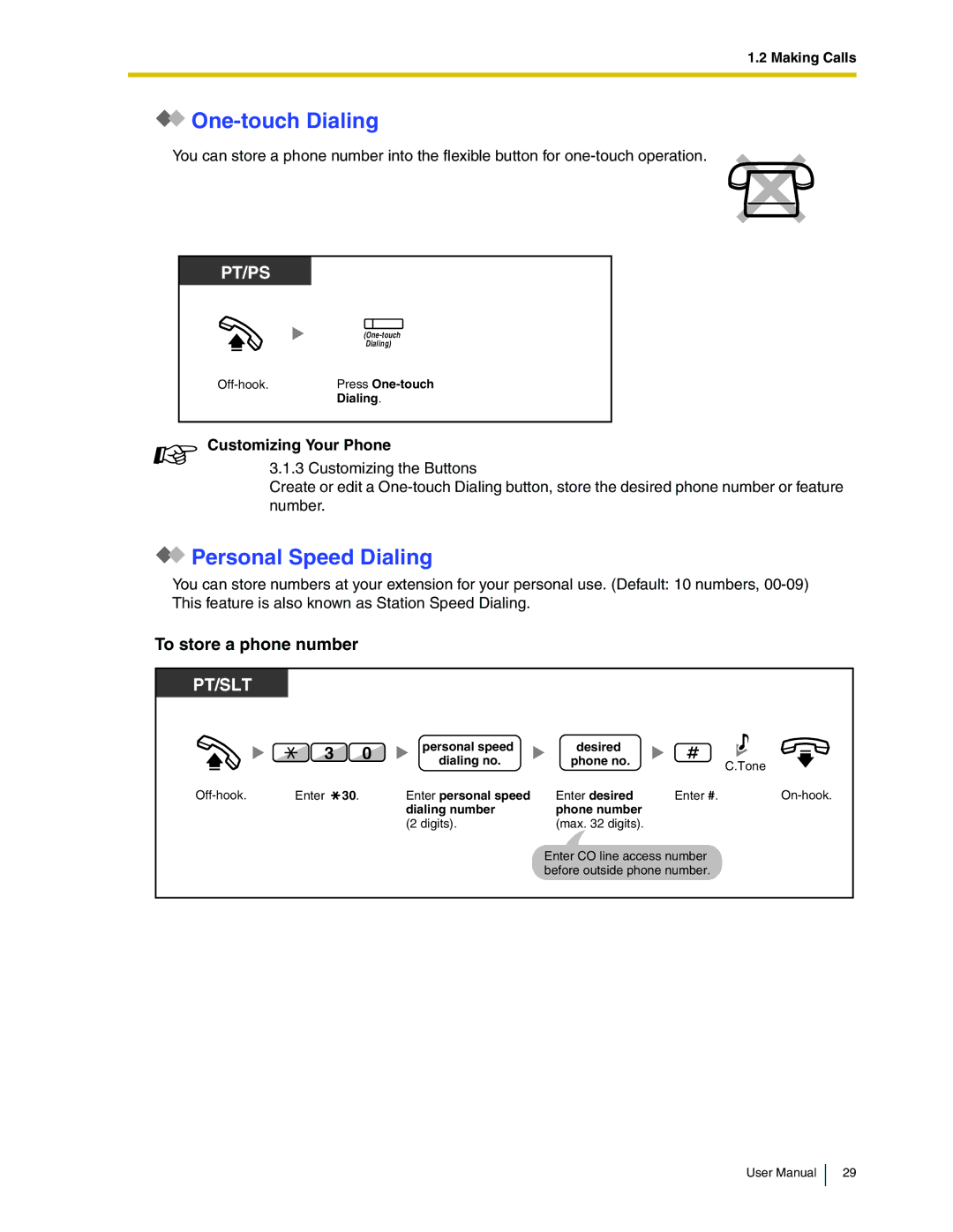 Panasonic KX-TDA50 user manual One-touch Dialing, Personal Speed Dialing, To store a phone number 