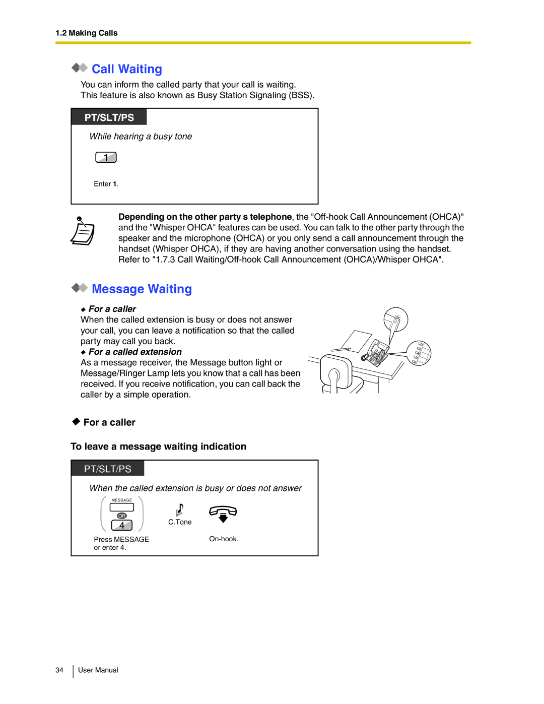 Panasonic KX-TDA50 user manual Call Waiting, Message Waiting, For a caller To leave a message waiting indication 