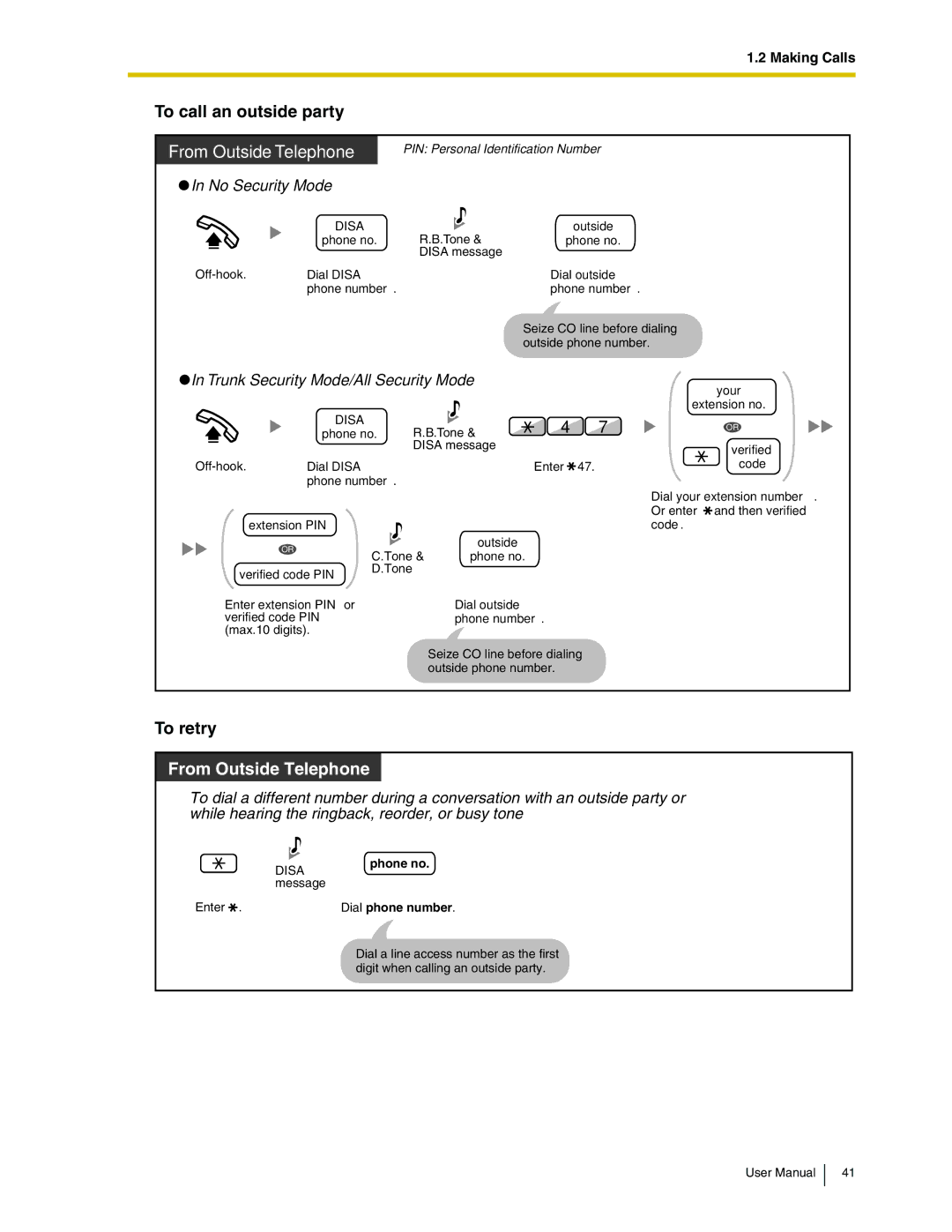 Panasonic KX-TDA50 user manual To call an outside party, To retry 