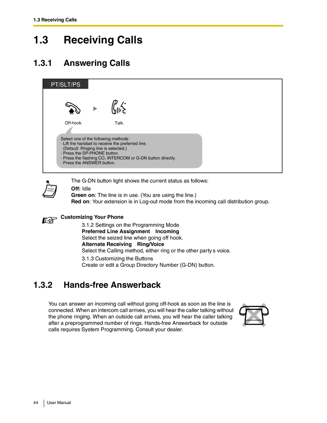 Panasonic KX-TDA50 user manual Receiving Calls, Answering Calls, Hands-free Answerback, Off Idle 