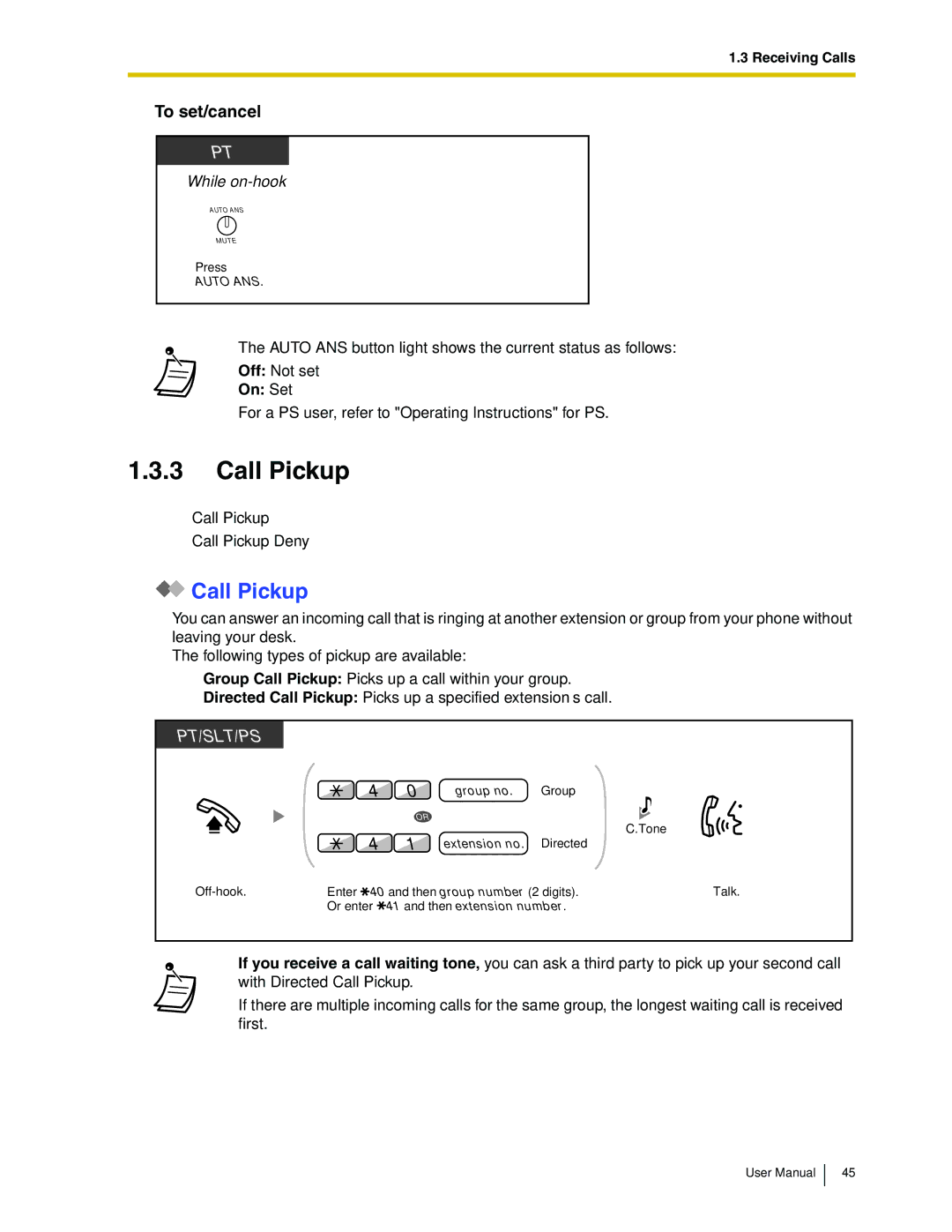 Panasonic KX-TDA50 user manual Call Pickup, On Set 