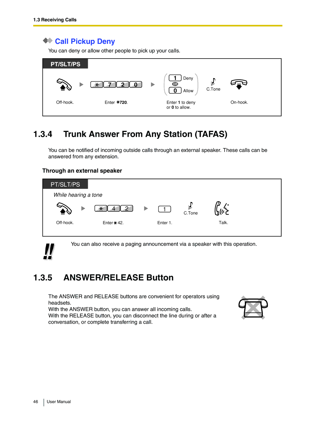 Panasonic KX-TDA50 user manual Trunk Answer From Any Station Tafas, ANSWER/RELEASE Button, Call Pickup Deny 