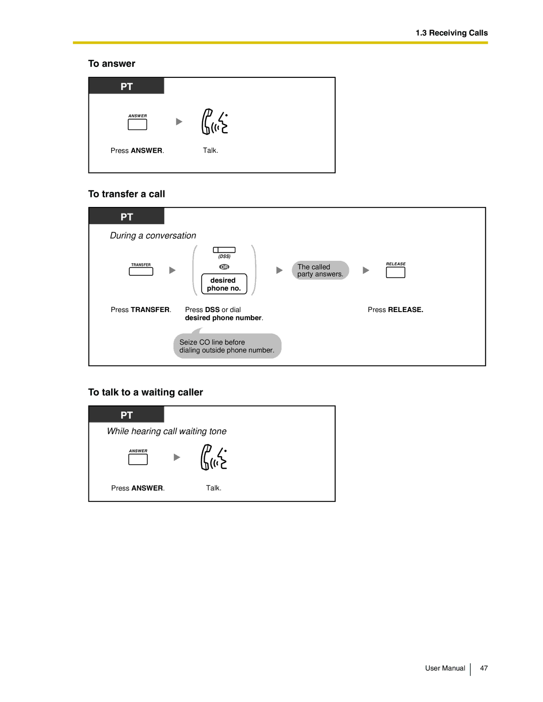 Panasonic KX-TDA50 user manual To answer, To transfer a call, To talk to a waiting caller 