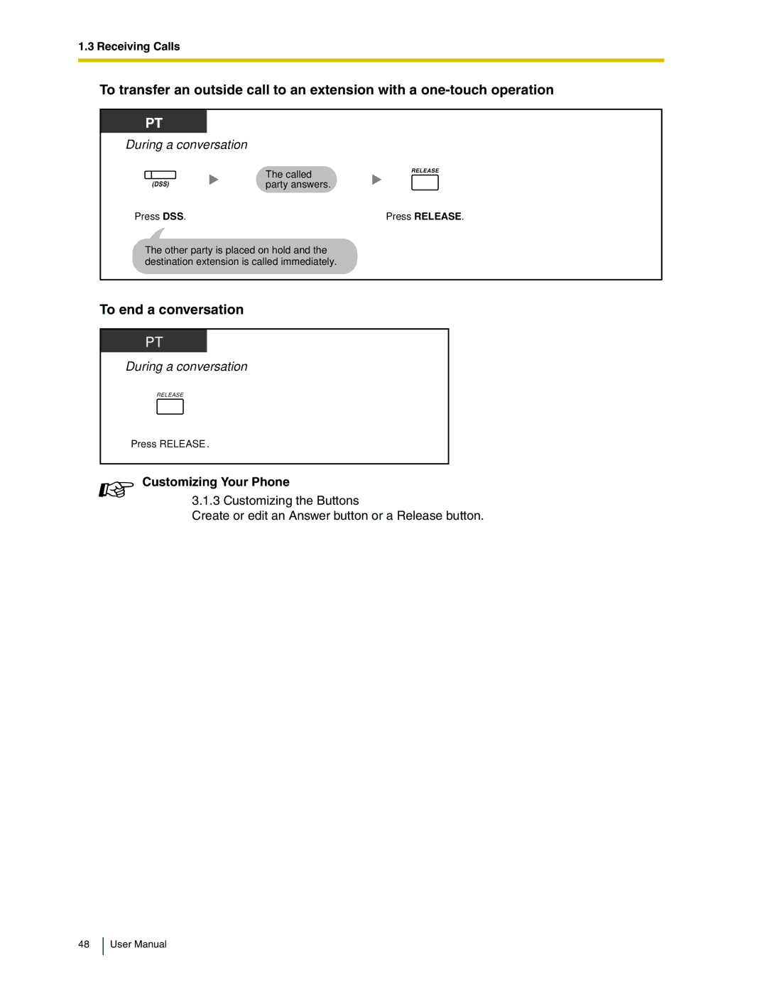 Panasonic KX-TDA50 user manual To end a conversation, Customizing Your Phone 