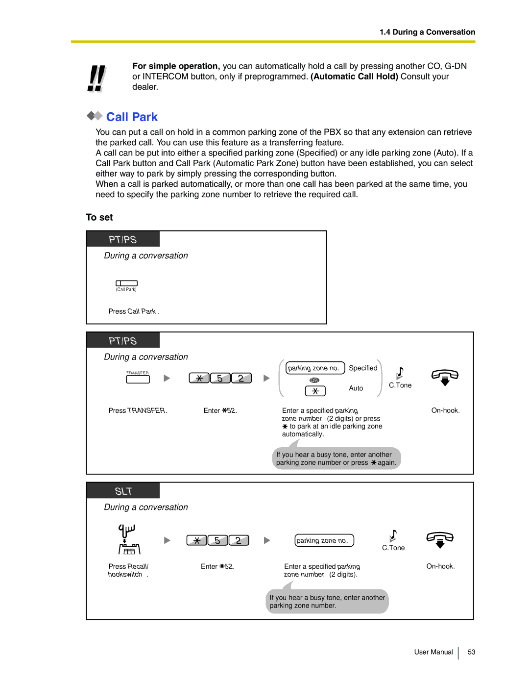 Panasonic KX-TDA50 user manual Call Park, To set 