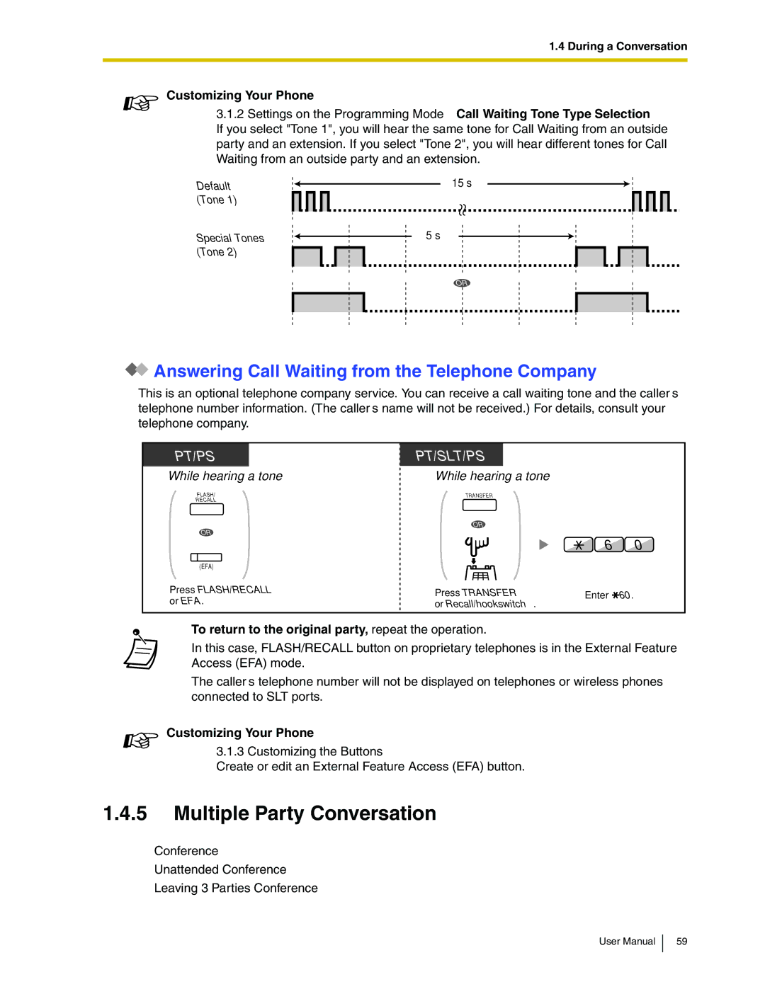 Panasonic KX-TDA50 user manual Multiple Party Conversation, Answering Call Waiting from the Telephone Company 