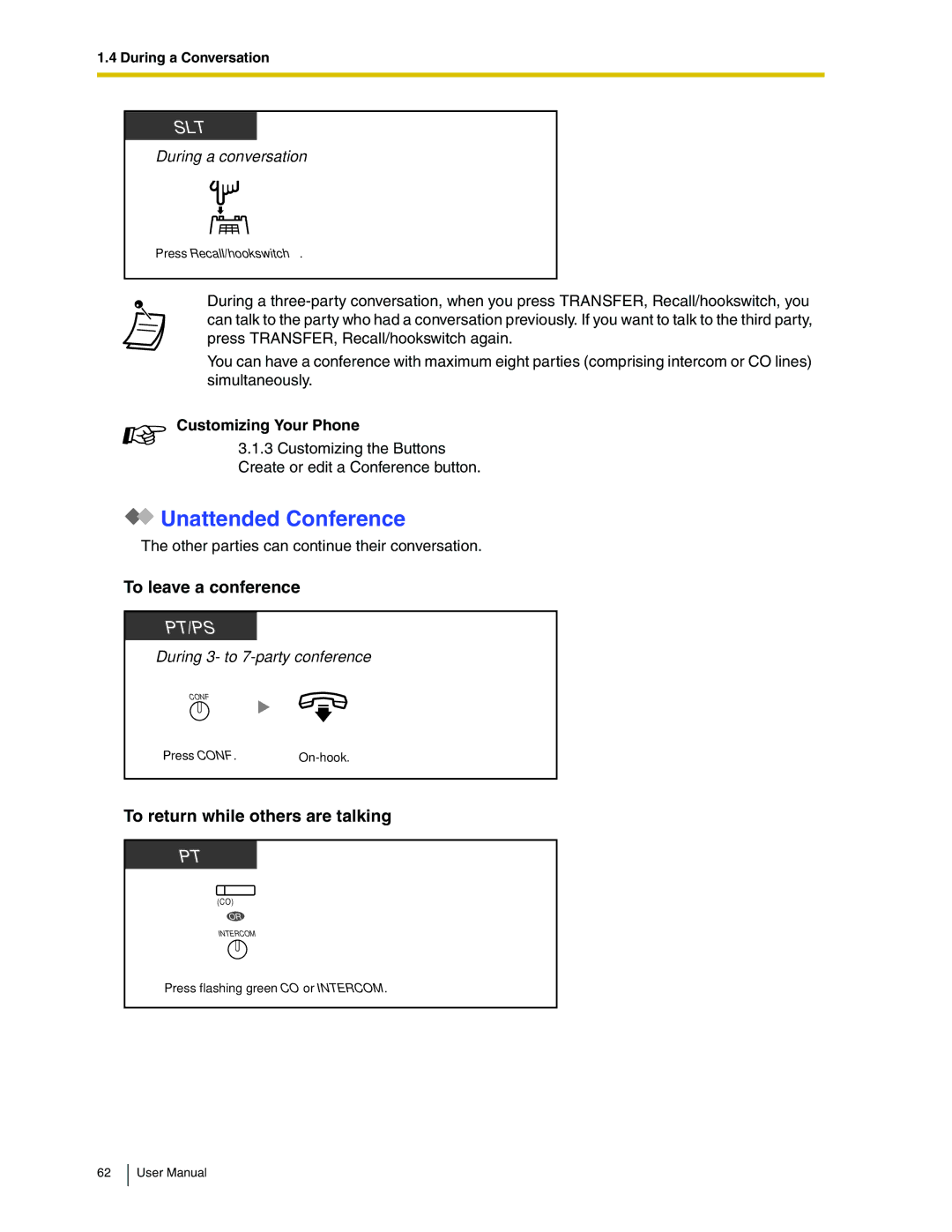 Panasonic KX-TDA50 user manual Unattended Conference, To leave a conference, To return while others are talking 