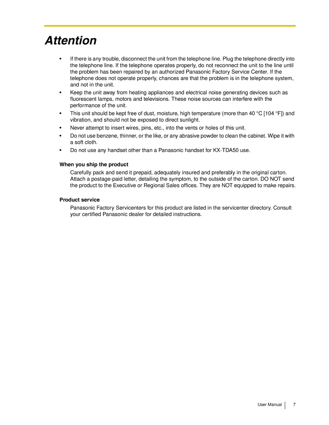 Panasonic KX-TDA50 user manual When you ship the product, Product service 