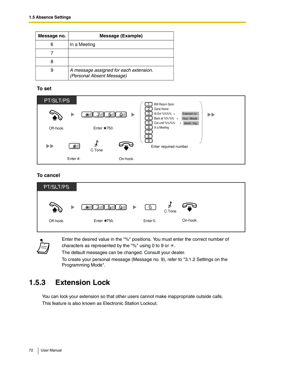 Panasonic KX-TDA50 user manual Extension Lock, To cancel 