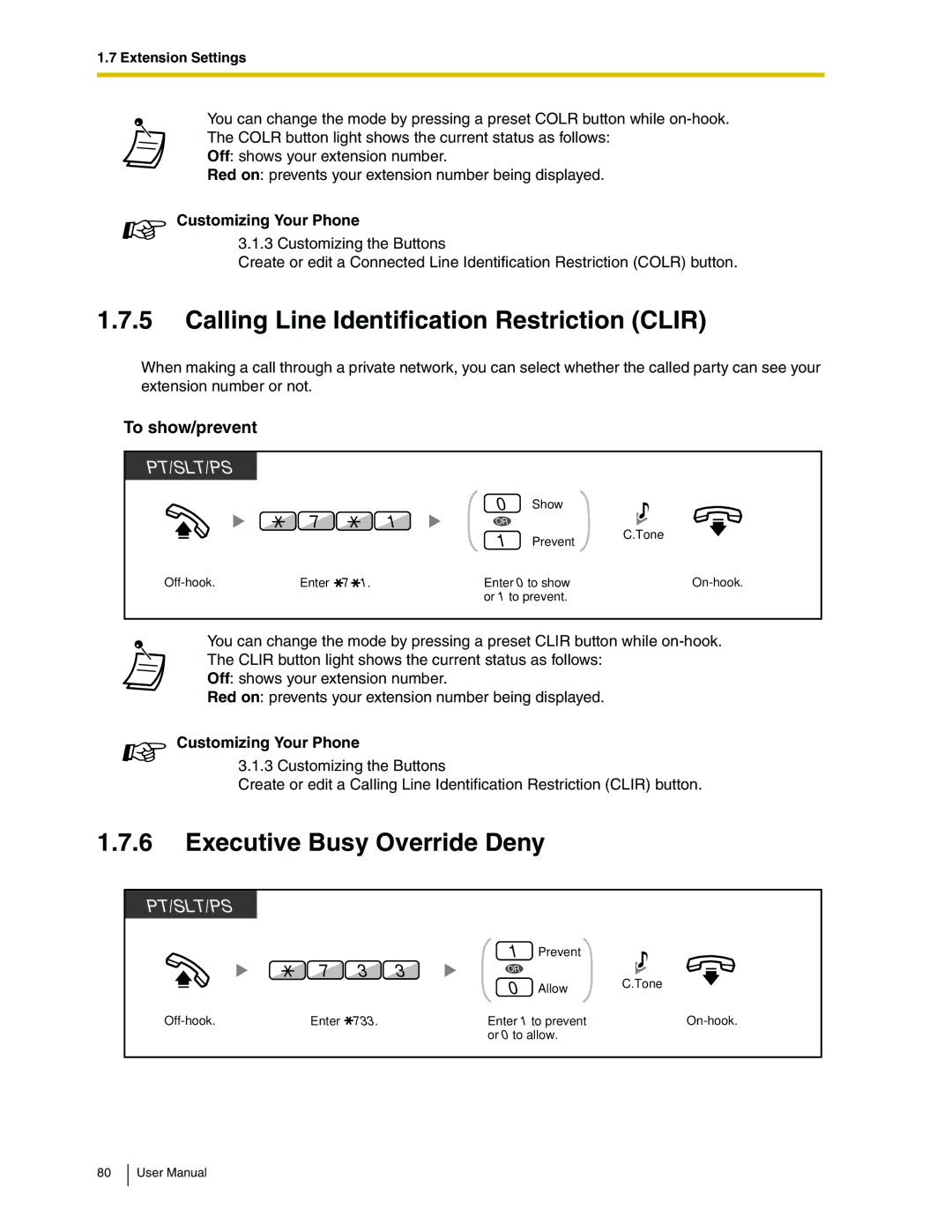 Panasonic KX-TDA50 user manual Calling Line Identification Restriction Clir, Executive Busy Override Deny 