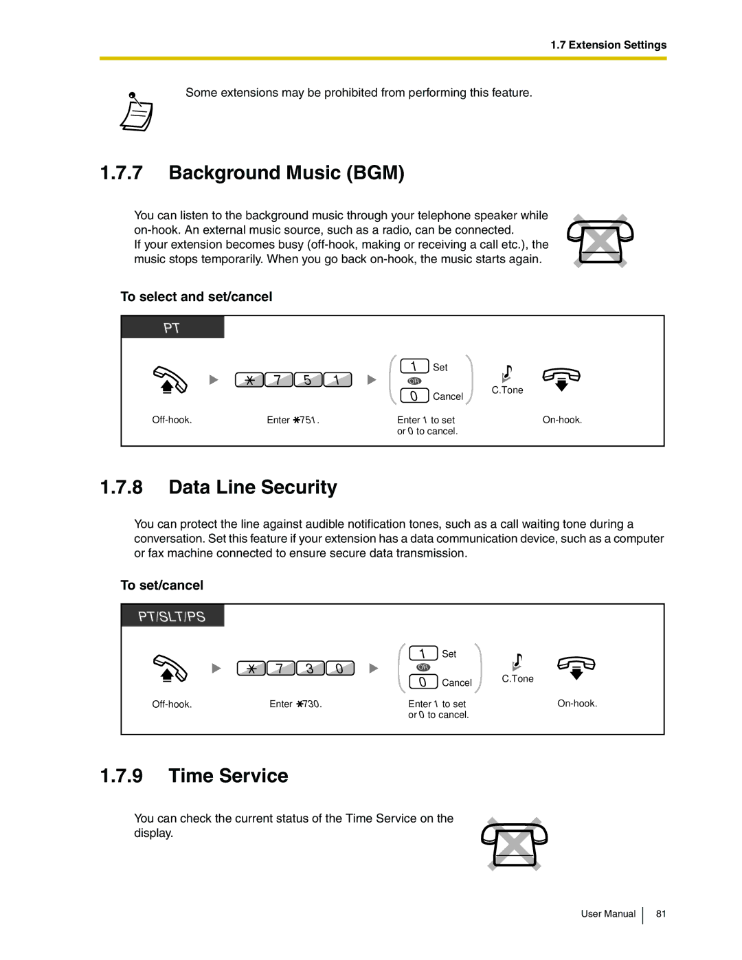 Panasonic KX-TDA50 user manual Background Music BGM, Data Line Security, Time Service, To select and set/cancel 