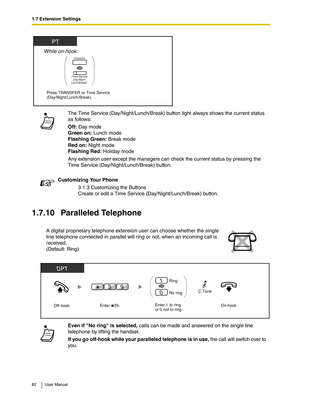 Panasonic KX-TDA50 Paralleled Telephone, Green on Lunch mode Flashing Green Break mode, Flashing Red Holiday mode 