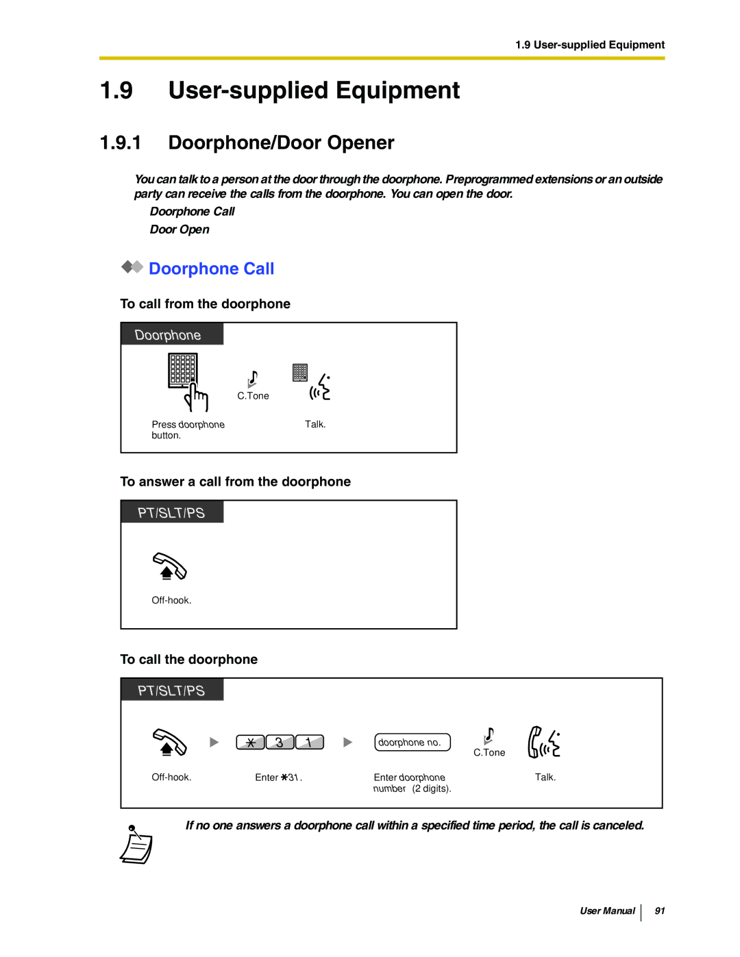 Panasonic KX-TDA50 user manual User-supplied Equipment, Doorphone/Door Opener, Doorphone Call 