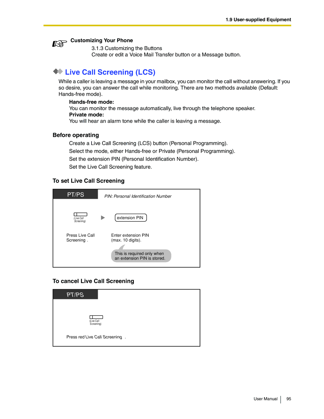 Panasonic KX-TDA50 Live Call Screening LCS, Before operating, To set Live Call Screening, To cancel Live Call Screening 