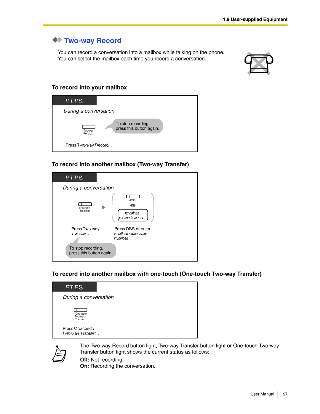 Panasonic KX-TDA50 user manual Two-way Record, To record into your mailbox, To record into another mailbox Two-way Transfer 