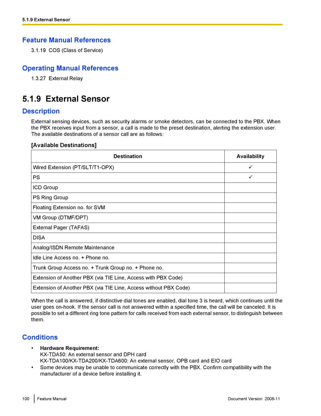 Panasonic KX-TDA50 manual External Sensor, Available Destinations 