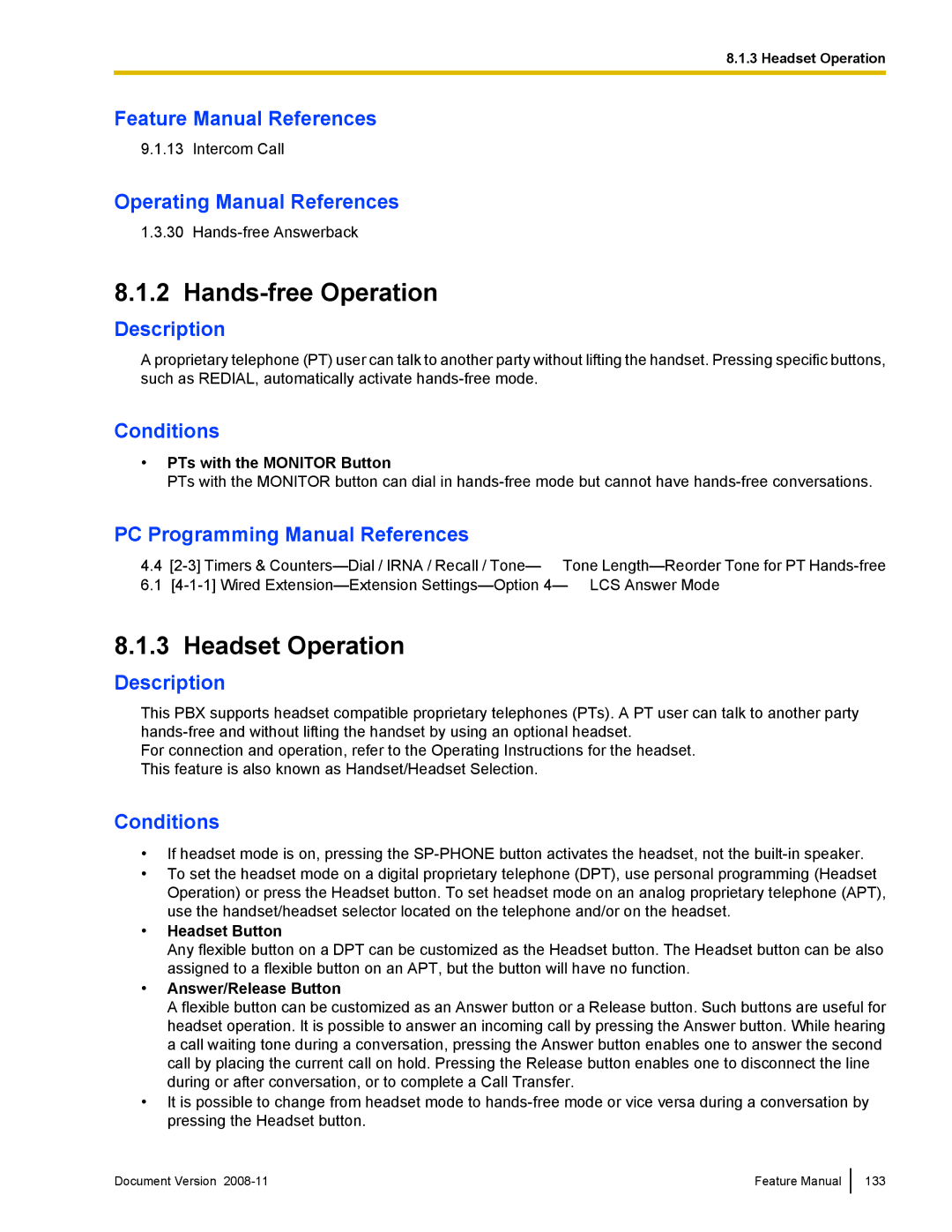 Panasonic KX-TDA50 manual Hands-free Operation, Headset Operation, PTs with the Monitor Button, Headset Button 