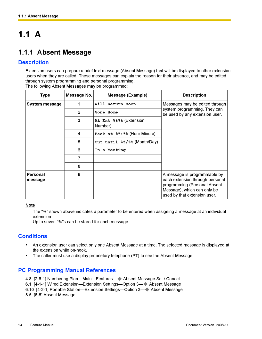 Panasonic KX-TDA50 manual Absent Message, Type Message No System message Personal Message Example, Description 