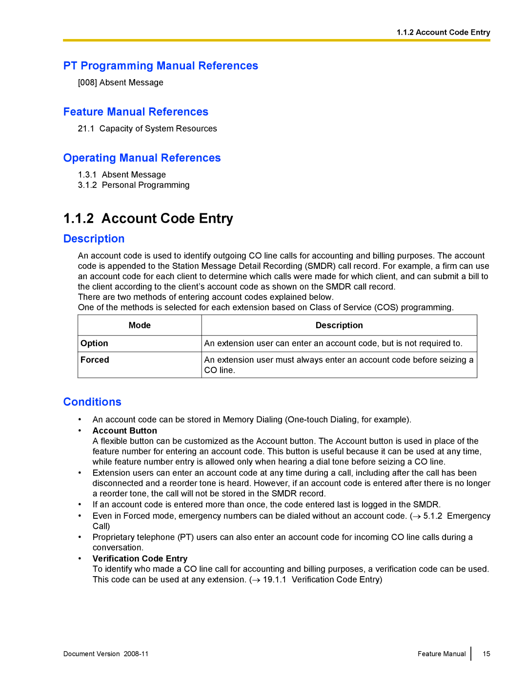 Panasonic KX-TDA50 manual Account Code Entry, Mode Option Forced Description, Account Button, Verification Code Entry 